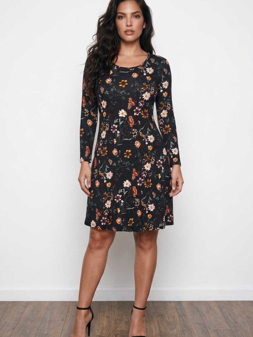 nine britton Black Floral Long-Sleeve A-Line Dress
